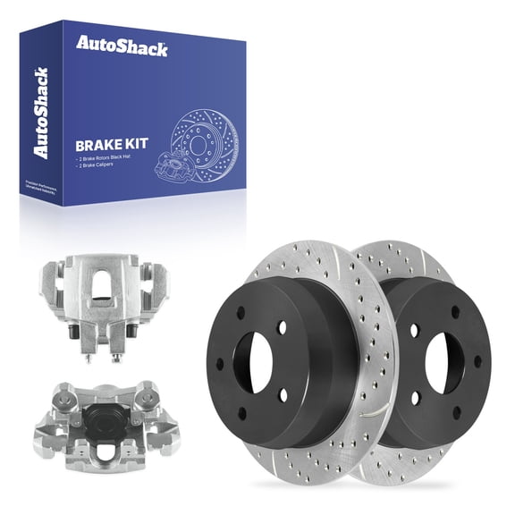 AutoShack Rear Solid Drilled & Slotted E-Coated Brake Rotors   Calipers 4-PC Brake Kit Replacement for 1999-2004 Jeep Grand Cherokee ShadowGuard 12" (304.8 mm)