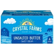Crystal Farms Unsalted Sweet Cream Butter, Refrigerated, 4 Sticks, 1 Box, 16oz.