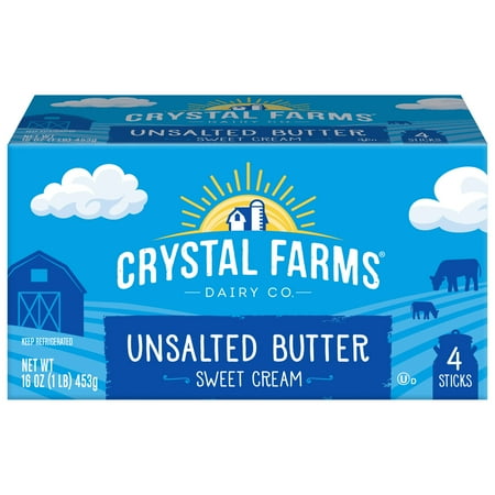 Crystal Farms Unsalted Sweet Cream Butter, Refrigerated, 4 Sticks, 1 Box, 16oz.