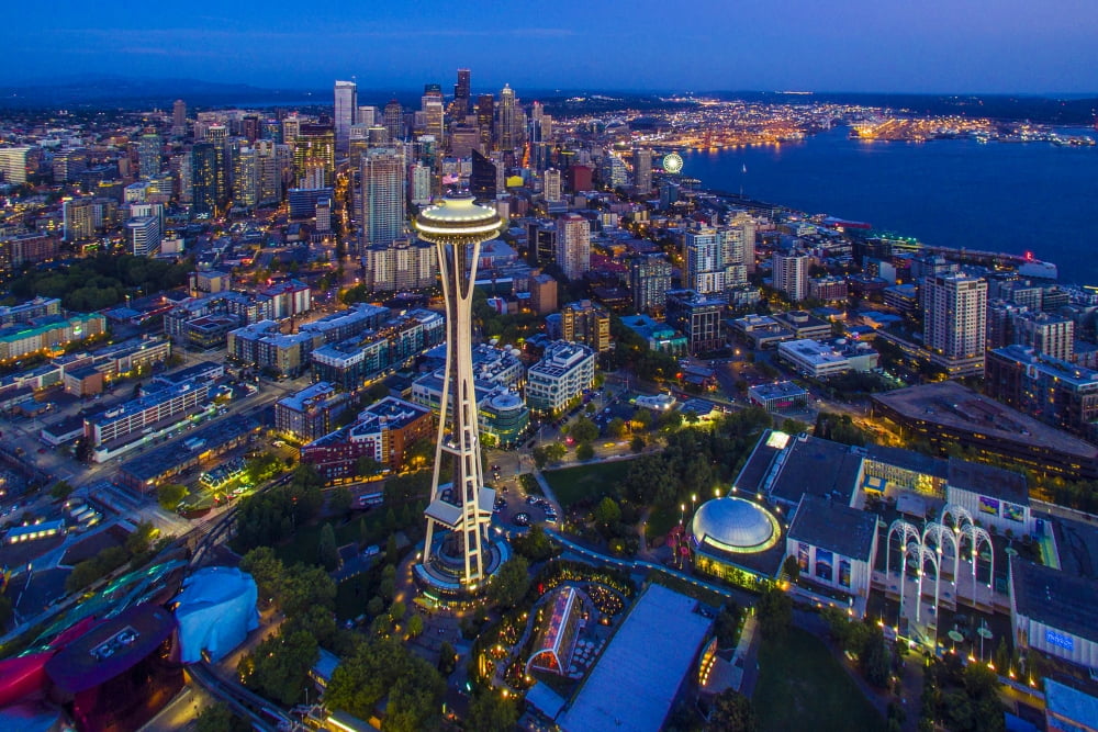 Aerial view of Skyline with Space Needle in Seattle King County