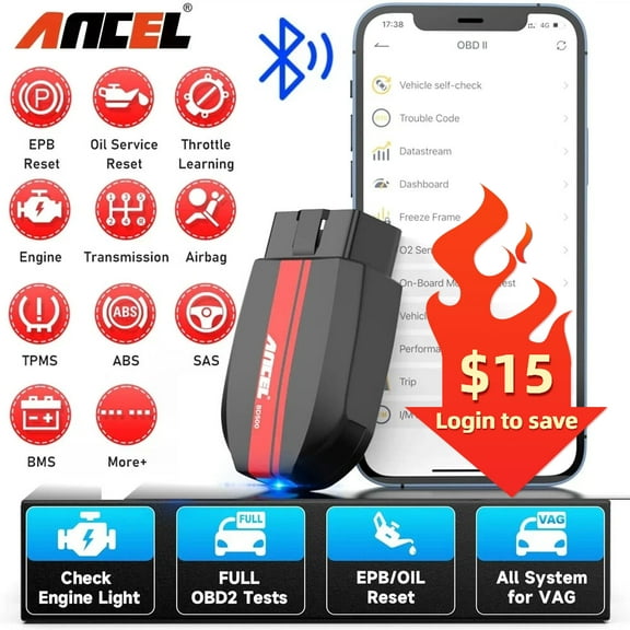 Ancel BD500 Wireless Car Scanner Fits for VW Audi Skoda Seat VAG Vehicles Bluetooth OBD2 Scanner Code Reader Check All Systems Oil Reset EPB Reset Throttle Learning Automotive Diagnostic Scan Tool