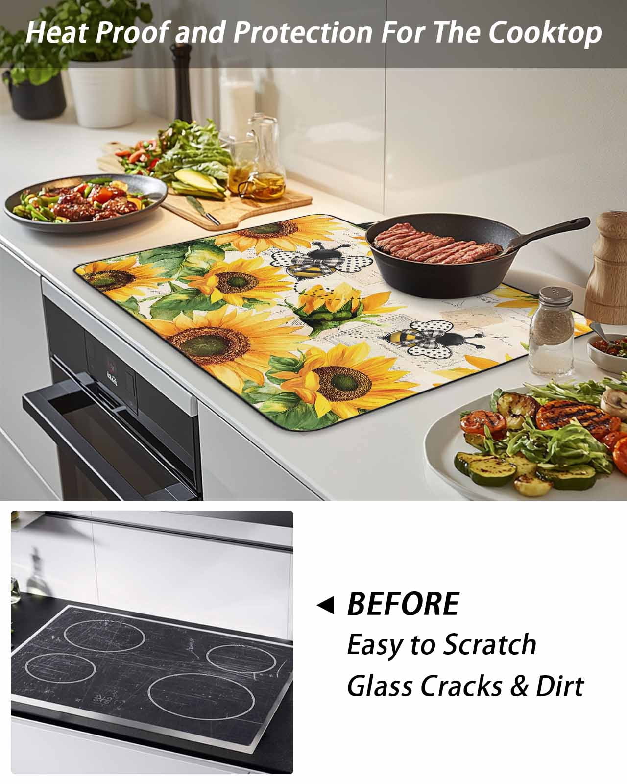 Stove Top Covers for Electric Stove, Sunflower Bee Glass Stovetop Cover Protector, Yellow Botanical Vintage Rose Floral Spring Induction Cooktop Protector Oven Mat for Kitchen Countertop 24"x21"