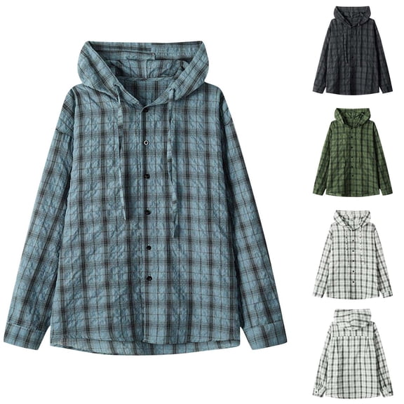 Sookity Men's Casual Plaid Shirts Loose Fit Long Sleeve Hooded Shirt Drawstring Lightweight Jacket Comfy Sun Protection Athletic Shirts Blue,L