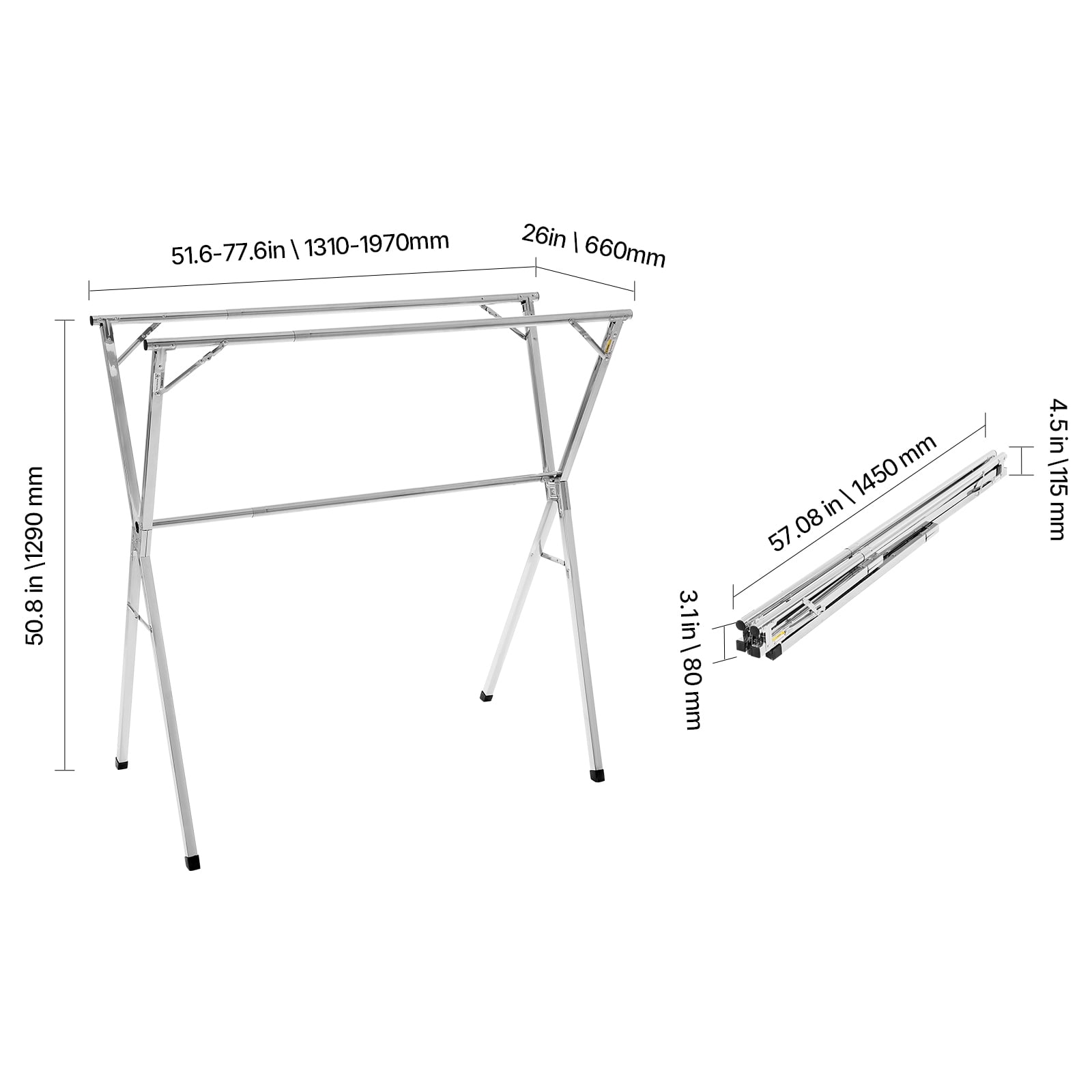 KFFKFF 2-Tier Telescopic Laundry Drying Rack, Stainless Steel Clothes Dryer with 30 Windproof Slots and 2 Shoe Holders, Portable and Free-Standing Design for Indoor and Outdoor Use
