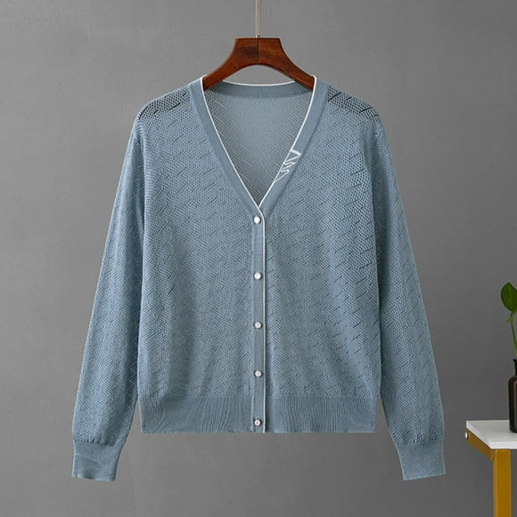 Womens Fall Tops Women's Knitted Hollow Out Versatile Cardigan 3/4 Sleeve Cardigan on Clearance