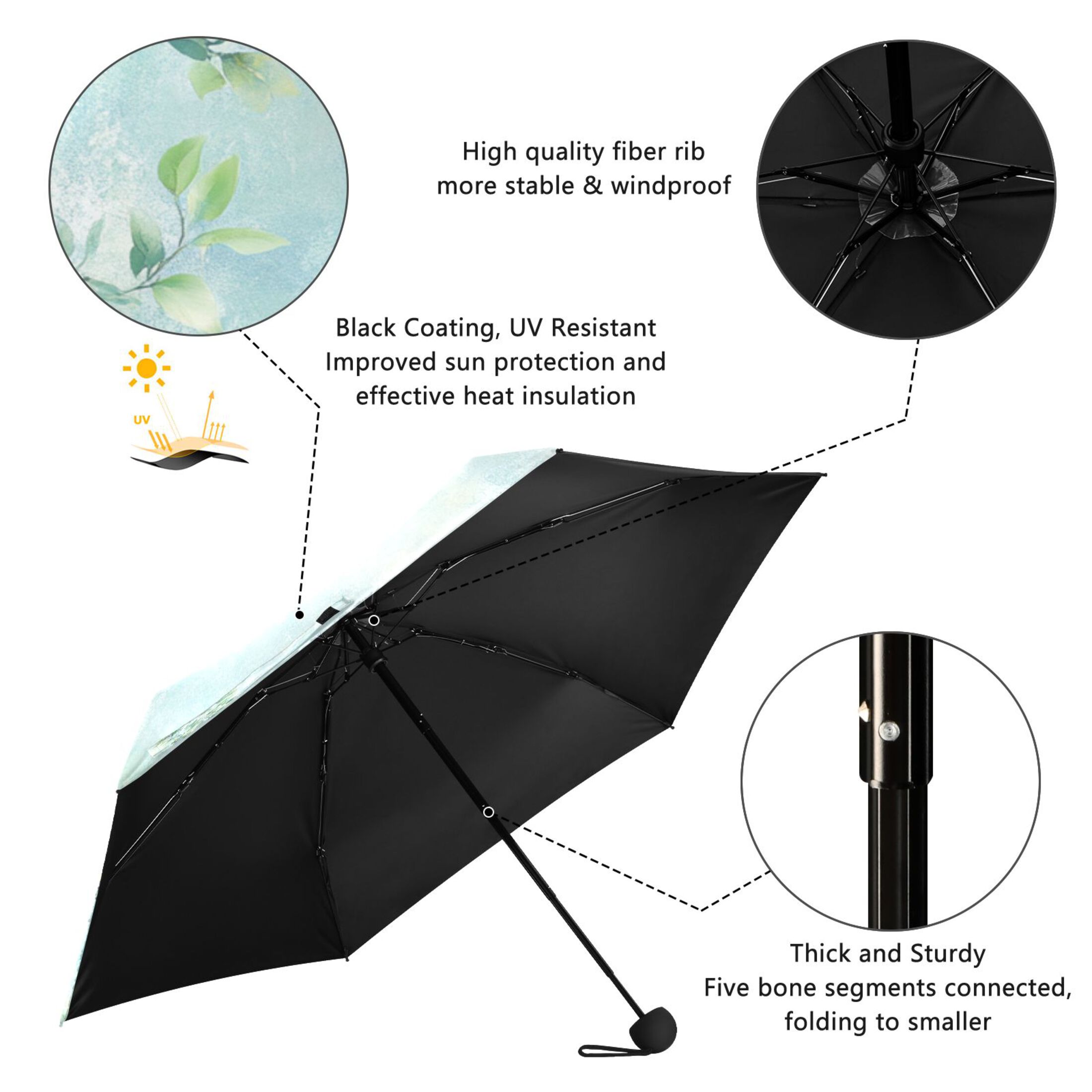 Soft Leafy Background Umbrellas for Sun Auto Open Close UV50+ Waterproof 5-Fold Compact Fiberglass Frame