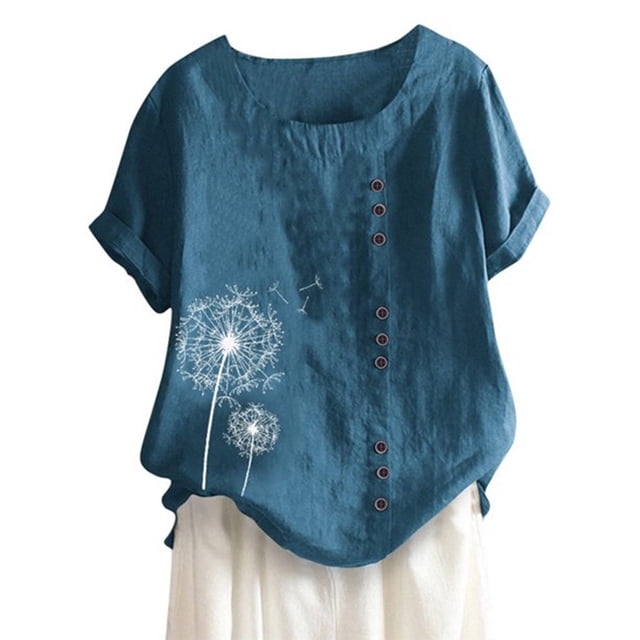 Qarigey Mujer Botones Estampado Manga Corta Cuello Camisa De Lino Prendas para la parte del cuerpo Verde oscuro 3XL