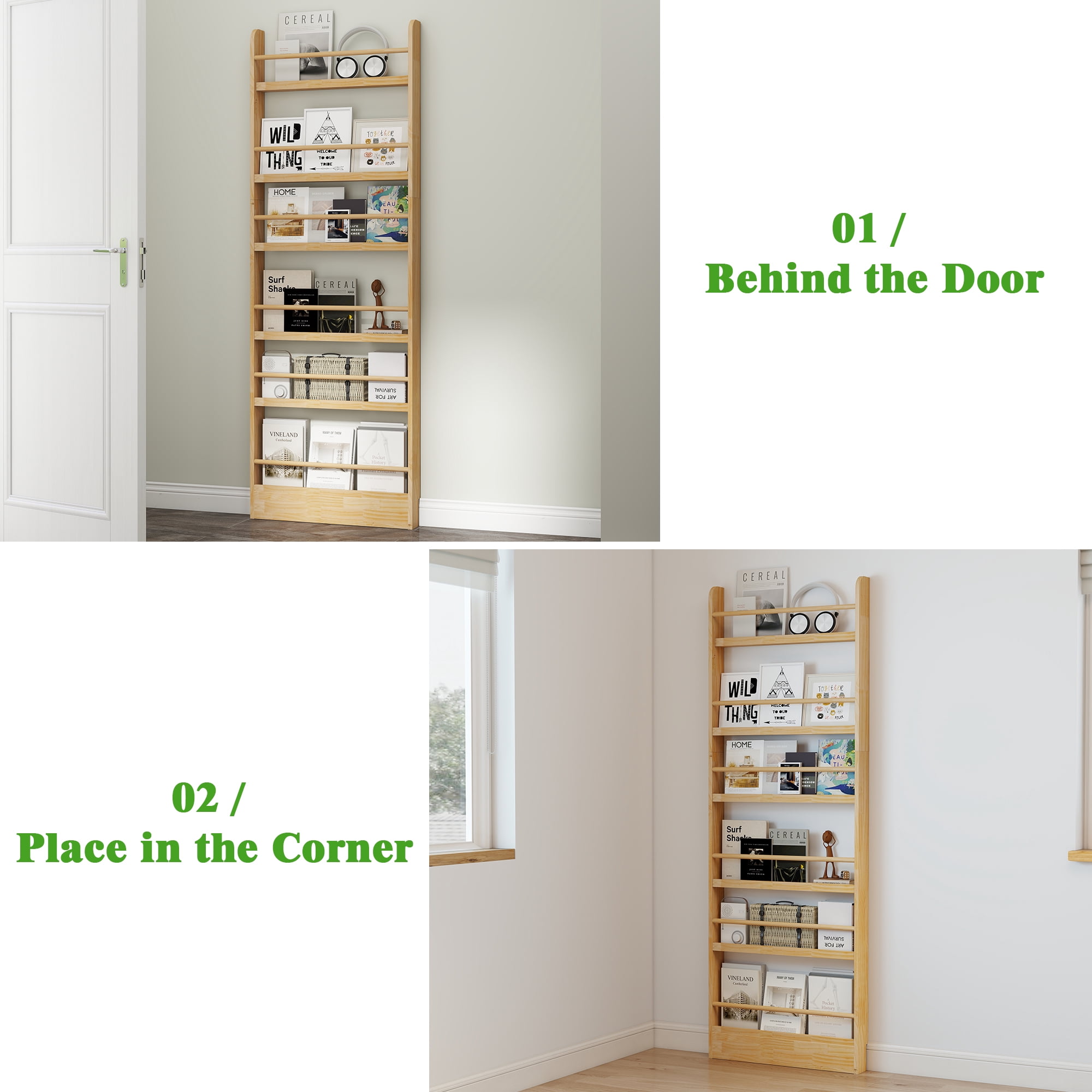 VGBYUJ 6 Tier Behind The Door Bookshelf, 70" Behind The Door Storage Organizer, Space-Saving Wall Mount Narrow Book Shelf, Solid Wood