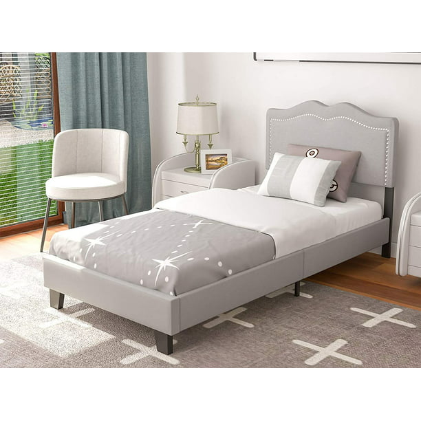 Mecor Upholstered Linen Twin Xl, Grey Twin Bed Frame With Headboard