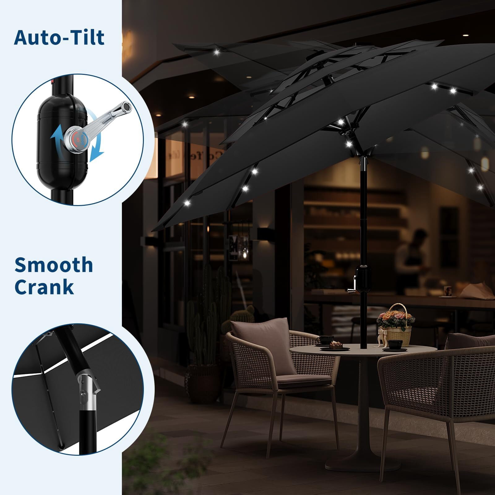 Emorefun 10ft Outdoor Table Umbrella, Portable Patio Umbrella with Solar Lights and 3-Tier Vents, Gray