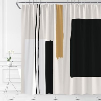 AMHNF Mid Century Abstract Shower Curtain - Boho Geometric Design, Gold Leaves, Fabric With Hooks, 70x72 Inches