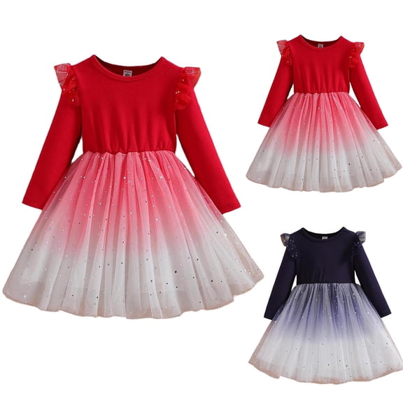 Loopsun 4-12 Years Girls Long Sleeve Round Neck Princess Dress Blue, 6-7 Years