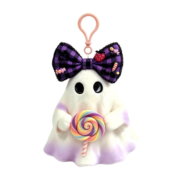 Soft Bow Ghost Plush Keyring Mini Stuffed Ghost Pendant With Lollipop Backpack Purse Accessory (Style E Hold Lollipop)
