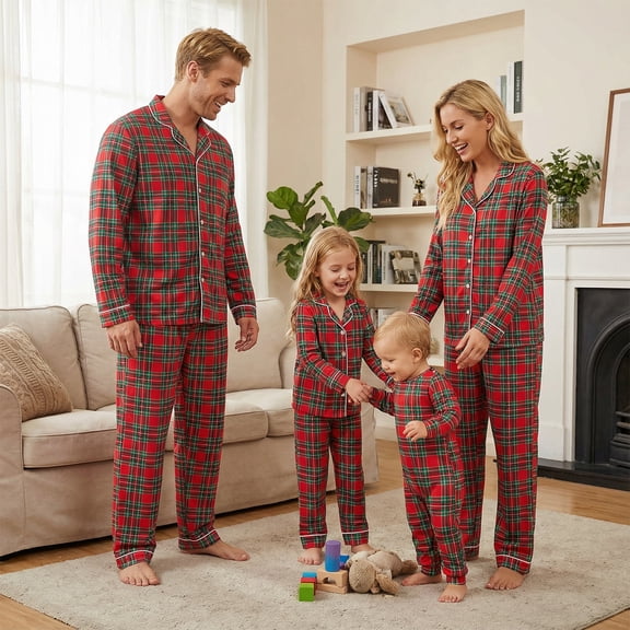Nibbcoa Family Matching Pajamas Set Plaid Print Long Sleeve Tops Pants Holiday Sleepwear