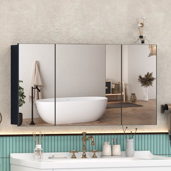 Large 3-Door Medicine Cabinet with Mirror, 40 Inch Black Bathroom Mirror Cabinet, Aluminum Storage Organizer