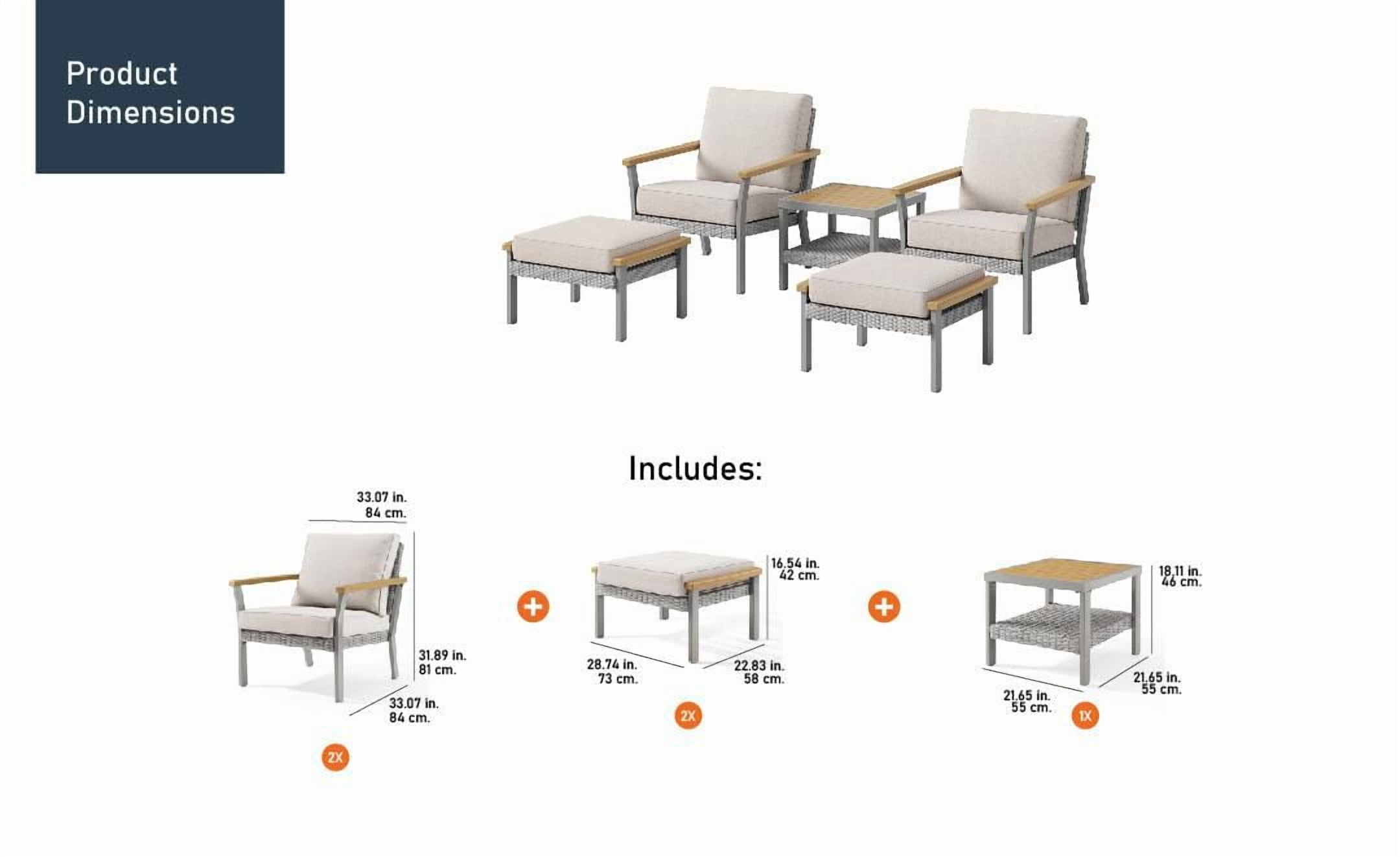 SONGMICS HOME Sencillo Collection - 5 Piece Patio Furniture Set, 2 Lounge Chairs, 2 Ottomans, 1 Coffee Table, Synthetic PE Rattan, Gray and Beige