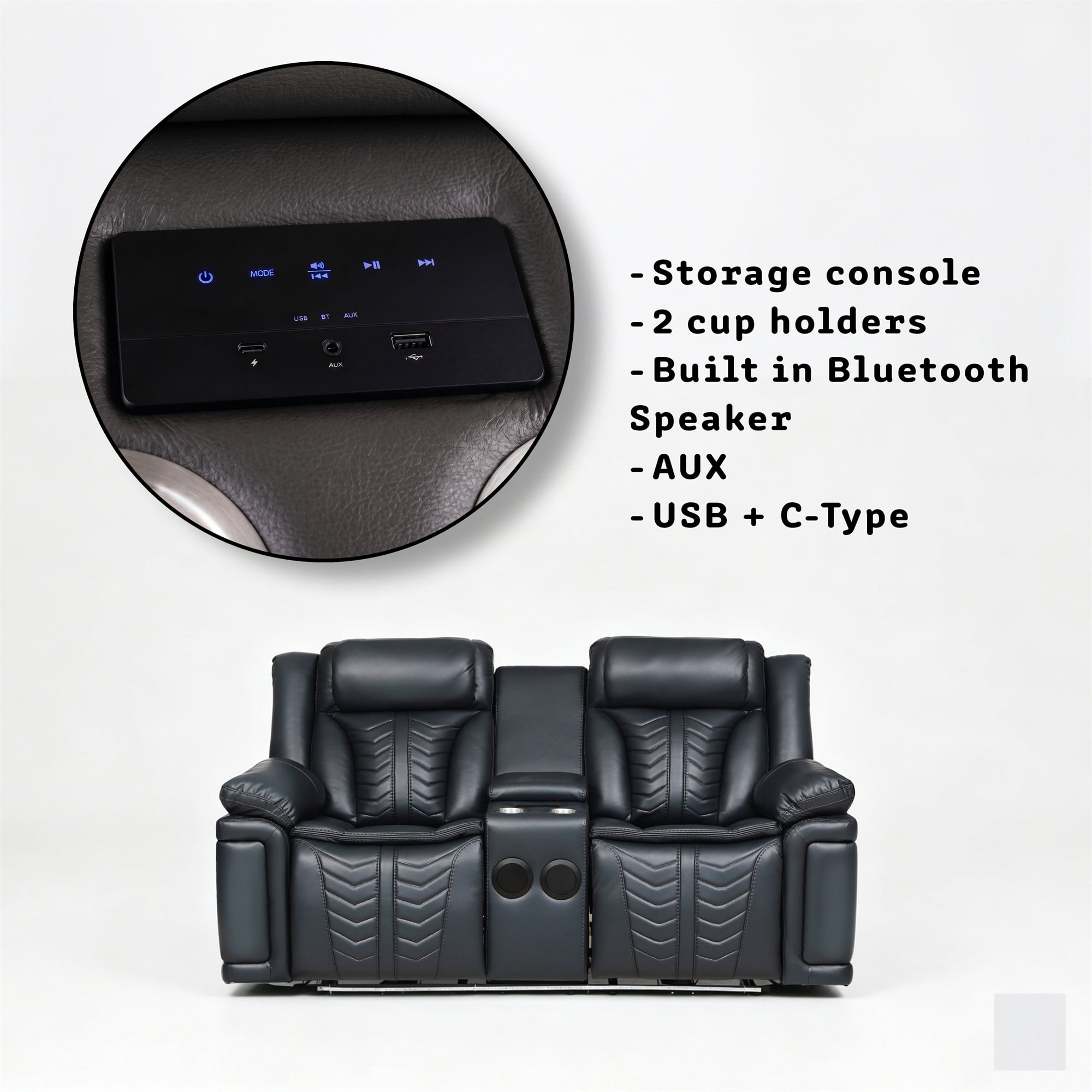 Electra Luxury 2-Piece Power Reclining Living Room Set - Dark Grey Faux Leather Motion Sofa and Loveseat with LED Lighting, Bluetooth Speakers, Drop-Down Table, and Wireless Charging
