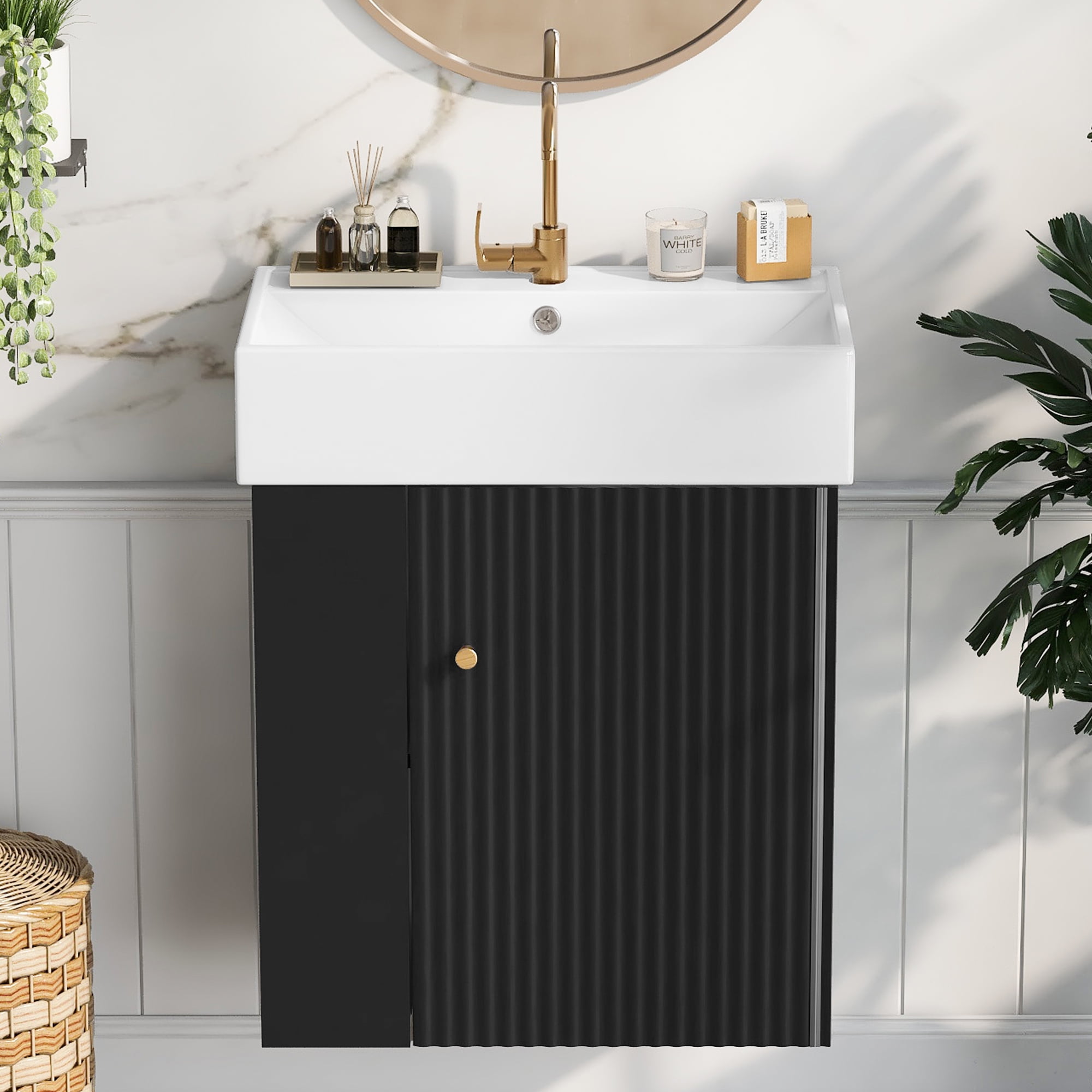 Euroco 21.6 inch Modern Floating Bathroom Vanity with Ceramic Basin - Perfect for Small Bathrooms, Left side storage