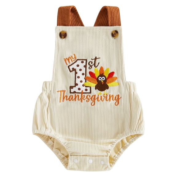 Cjfdfy Newborn Baby Boy Fall Thanksgiving Ouftits My First Thanksgiving Turkey Romper Turkey Embroidery Sleeveless Overalls Corduroy Bodysuit Cute Thanksgiving Fall Winter Outfit