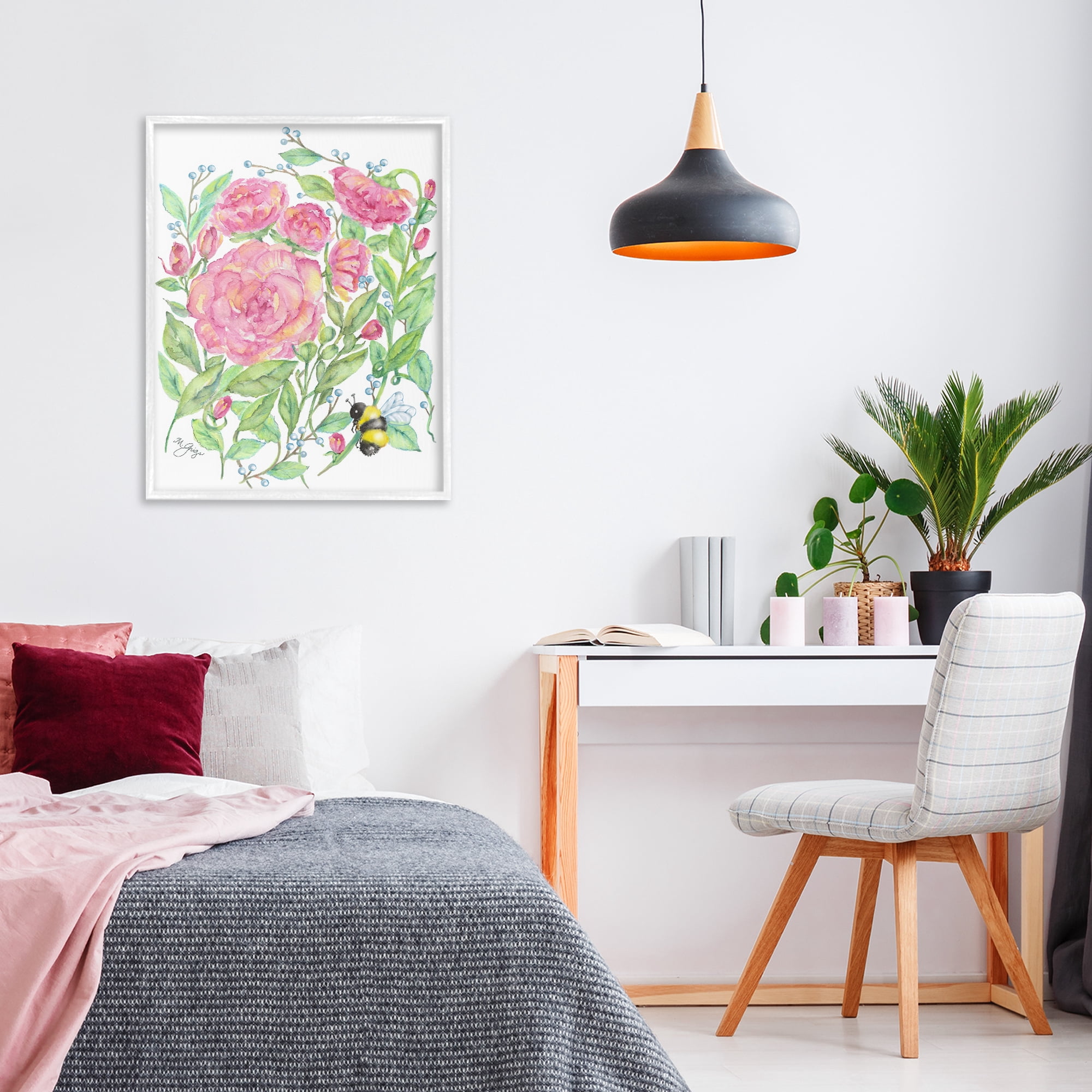 Stupell Industries Peony & Bumble Bee White Framed Giclee Art, design by Maureen Grigs