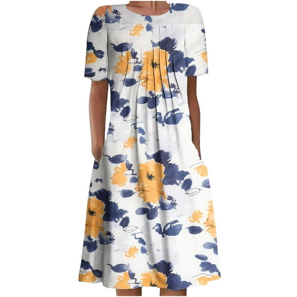 Tshirt Dresses for Women Floral Printing Casual Summer Midi Dresses Short Sleeve Crewneck Ruched Boho Pockets Dress