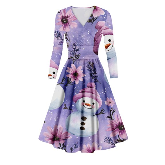 Ladies' Casual And Fashionable Christmas Tree Print Long Sleeved V-Neck Sexy Pocket Dress, Holiday Print, Retro Style, Party Wear, Comfort, Festive,Light Purple,2XL