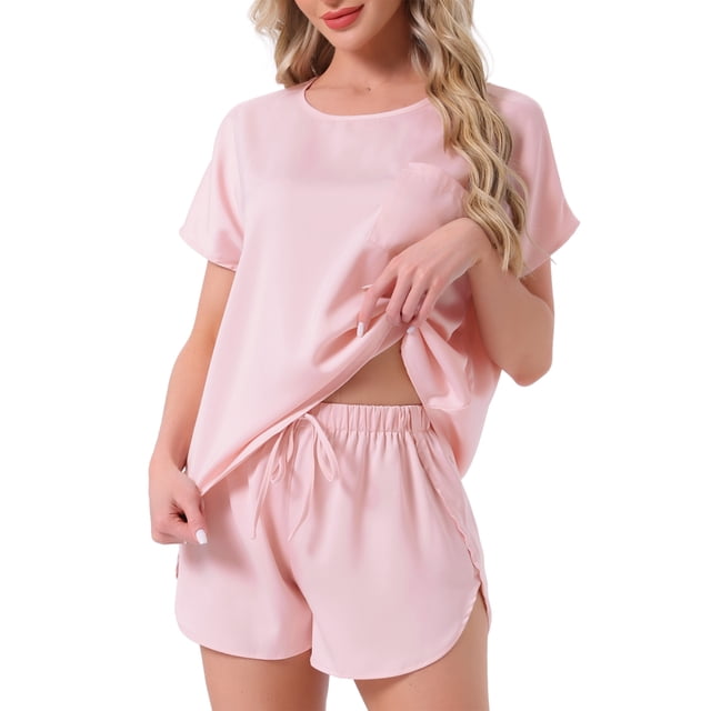 INSPIRAR CHIC Conjunto de Pijama de Satén de Seda para Mujeres, Top de Cuello Redondo de Manga Corta con Bolsillo Frontal y Pantalones Cortos con Cuerda, Ropa de Dormir XL Rosa