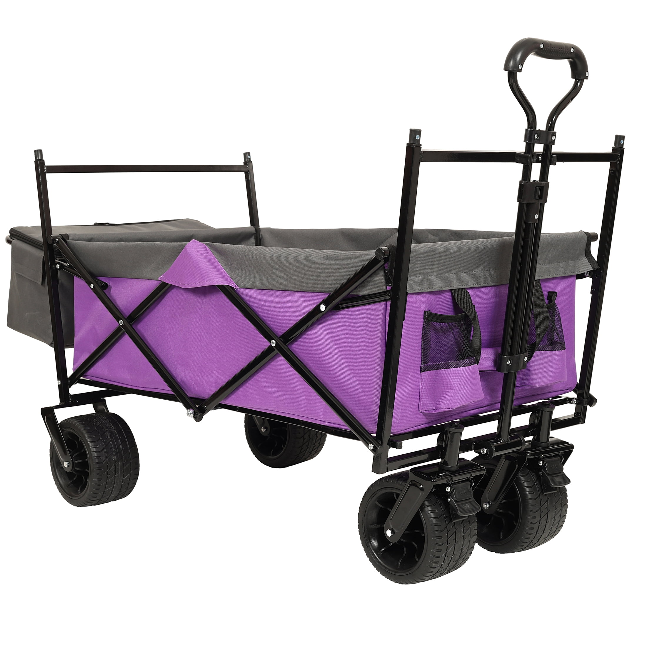 Heavy Duty Folding Wagon with Canopy, 480 lbs Collapsible Wagon Stroller with Mosquito Net, 7"x4" All-Terrain Wheels for Camping, Garden, Purple