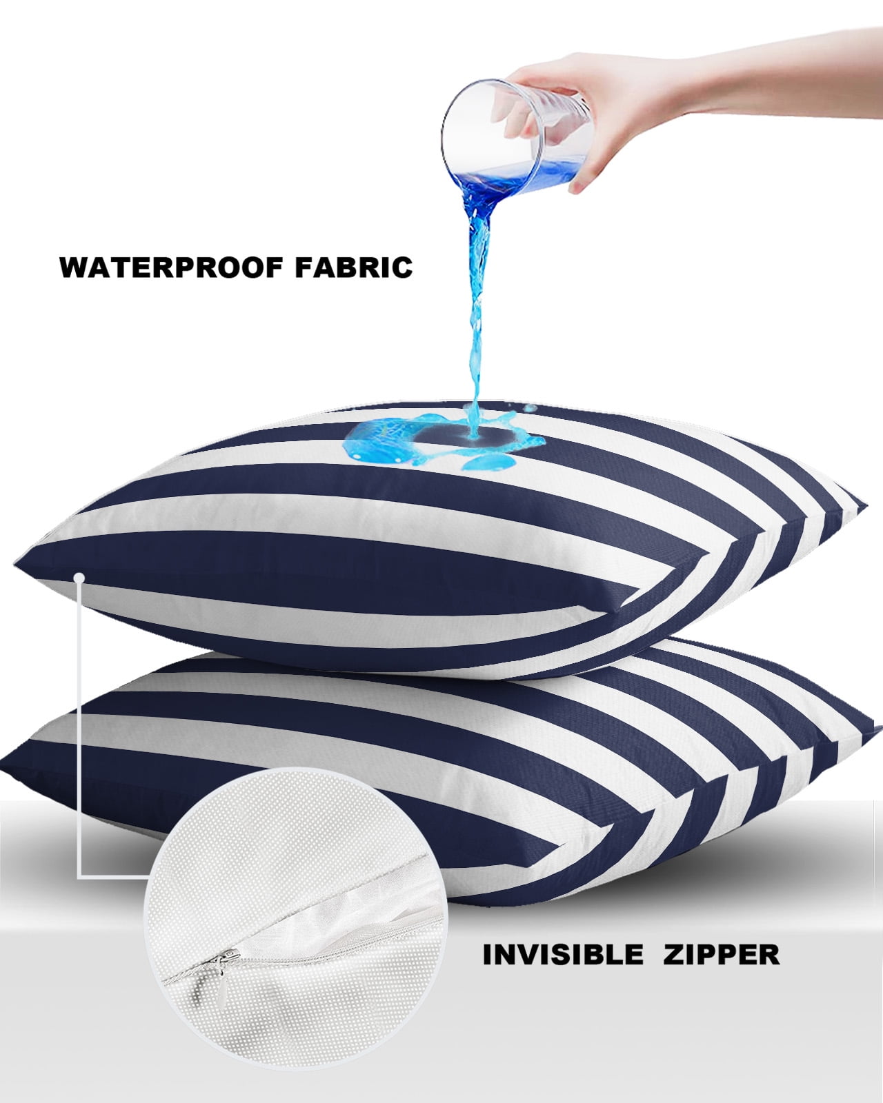 Pack of 2 Outdoor Pillow Covers, Navy Blue White Stripe Waterproof Square Throw Pillowcase Cushion Decorative Pillow Covers for Couch Patio Tent, 16x16 in