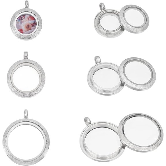 1set 3Pcs 3 Styles Stainless Steel Flat Round Floating Locket Pendants Photo Frame Charms Metal Pendants Living Memory Photo Pendant with Glass Cabochons for DIY Memorial Necklace Jewelry