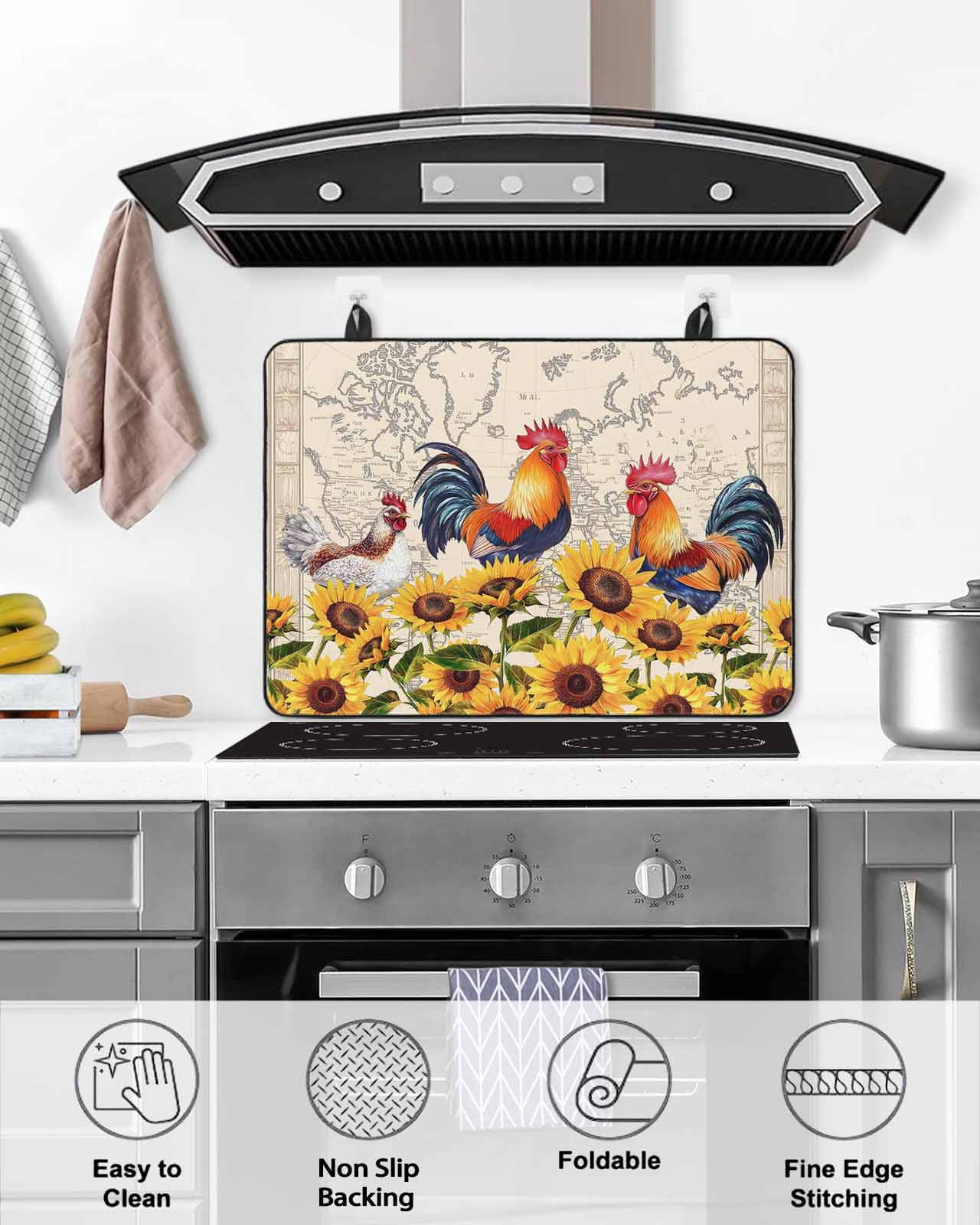 nqOlkjepod Large Induction Cooktop Protector Mat 24"x21", Chicken Sunflowers Stove Top Covers for Electric Stove, Farmhouse Vintage Map Floral Animals Stove Burner Cover Mats, Glass Top Stove Cover