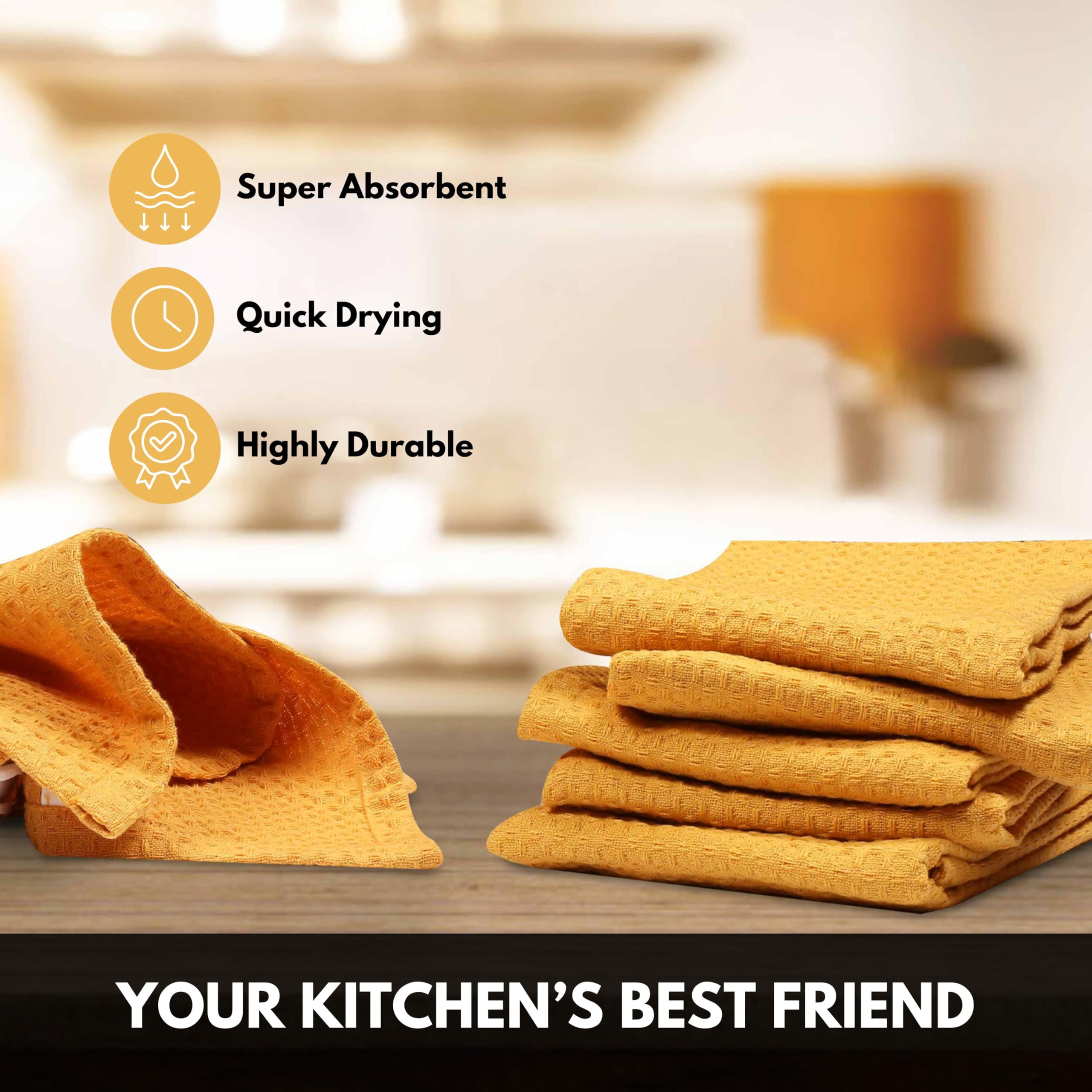 Softopia Cotton Yellow Waffle Kitchen Dish Towels, 100% Cotton, Quick Dry, Super Absorbent, Soft, 16x26 Inches – Ideal for Dish Drying, Bar, Tea, Cleaning, and Everyday Use, 12 Pack, Mustard Yellow