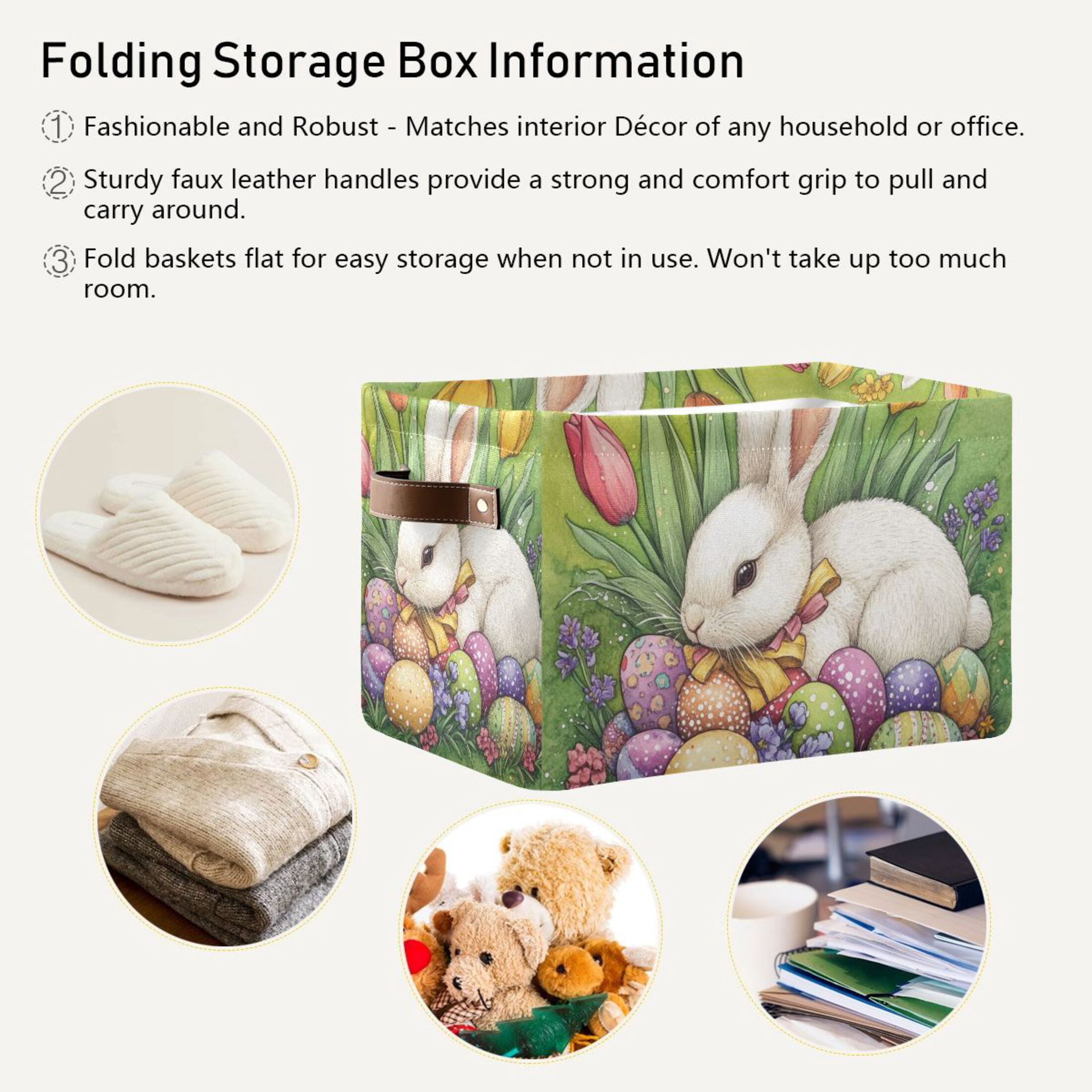 WOBOGO Easter White Bunny Square Storage Basket with Waterproof Canvas and PE Lining Durable PU Leather Handles 14.2×10.2×8.3in