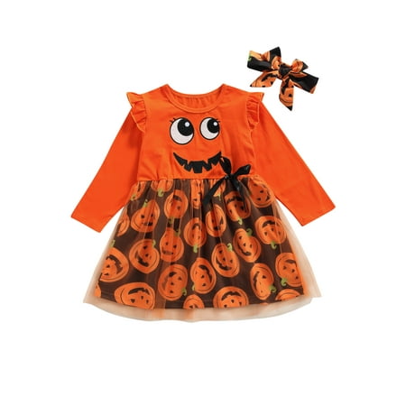 

JYYYBF Toddler Kids Baby Girl Long Sleeve Halloween Tutu Dress Pumpkin Rainbow Tunic Shirt Tulle Dress Skirt Orange 4-5 Years