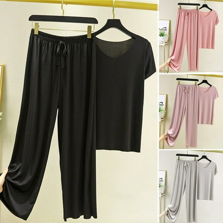 

Dream Lifestyle Sleepwear Short Sleeve Wide Legs Solid Colors Female Soft Pajama Shirt with Long Pants for Dorm