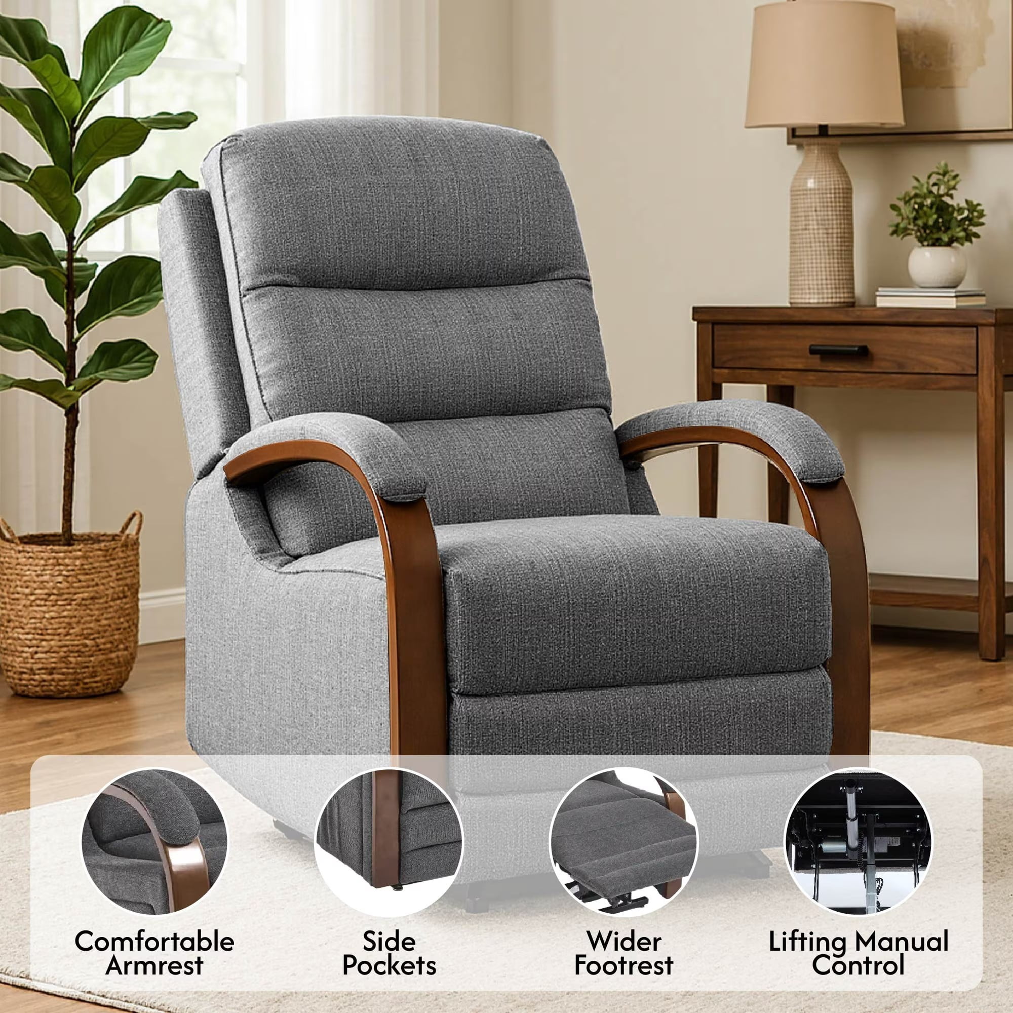 Avobird Power Lift Recliner Chair with Massage & Heat, Egyptian Suede Massage Chair, Side Pockets/Dual Motor Electric/Elderly-friendly, Charcoal Gray