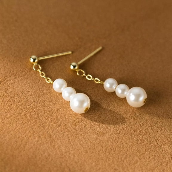 K-KED 925 Sterling Silver Fine Triple Pearl Earrings Stud Drop Dangle Women Gift
