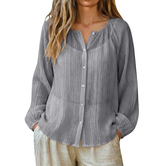 Women Lapel Collar Short Sleeve Women's Linen Button Shirt Raglan Long Sleeve Crew Neck Blouses Loose Upf Sun Protection Outdoor Athletic Tops L