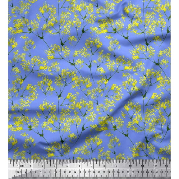 Soimoi Blue Cotton Duck Fabric Yellow Mustard Leaves Print Fabric by the Yard 44 Inch Wide