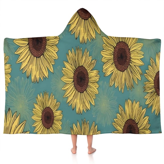 Blue Sunflower Pattern Hooded Bath Towel,50"x30" for Ages 3 To 12 Kids, Quick Dry Lightweight Soft Microfiber Hood Beach Towel Cover Up for Kids