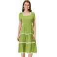 thumbnail image 1 of Unique Bargains Robe Midi à Étages pour Femme à Encolure Carrée, Manches Courtes, Garniture en Dentelle, Vert, P, 1 of 4
