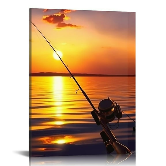 EastSmooth  Sunset Fishing Painting Artwork Peaceful Lake Scenery Canvas Print Fishing Rod Picture Painting for Office Home Living Room Bathroom Wall Decor