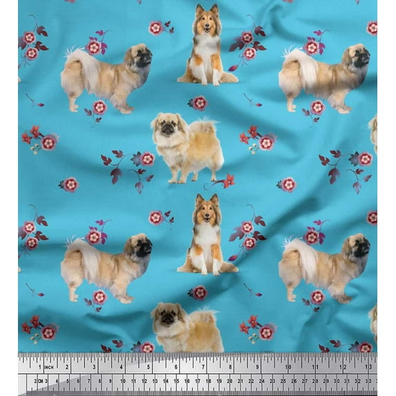 Soimoi Georgette Viscose Fabric Floral,Sheltie & Pekingese Dog Print Fabric by The Yard 42 Inch Wide