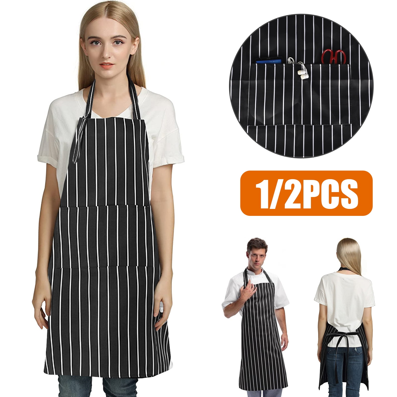 Chefs Apron with Front Pocket Butchers Kitchen Cooking Baking Bib Stripped Cook 
