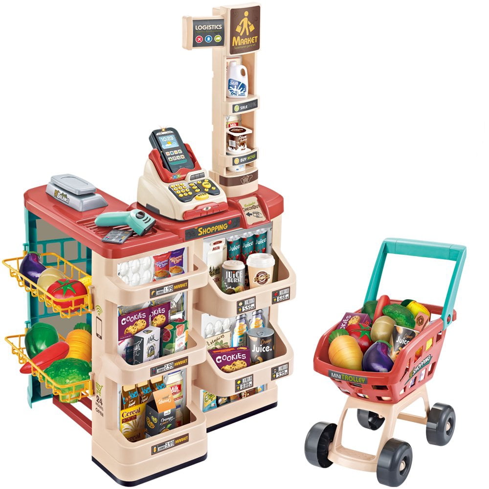 Include Credit Card Machine/Fruits/Unique Scan Supermarket Shopping Set for Kids Multicolour, for 3 Years Old + Pretend Play Shopping Grocery Store with Shopping Cart & Scanner 