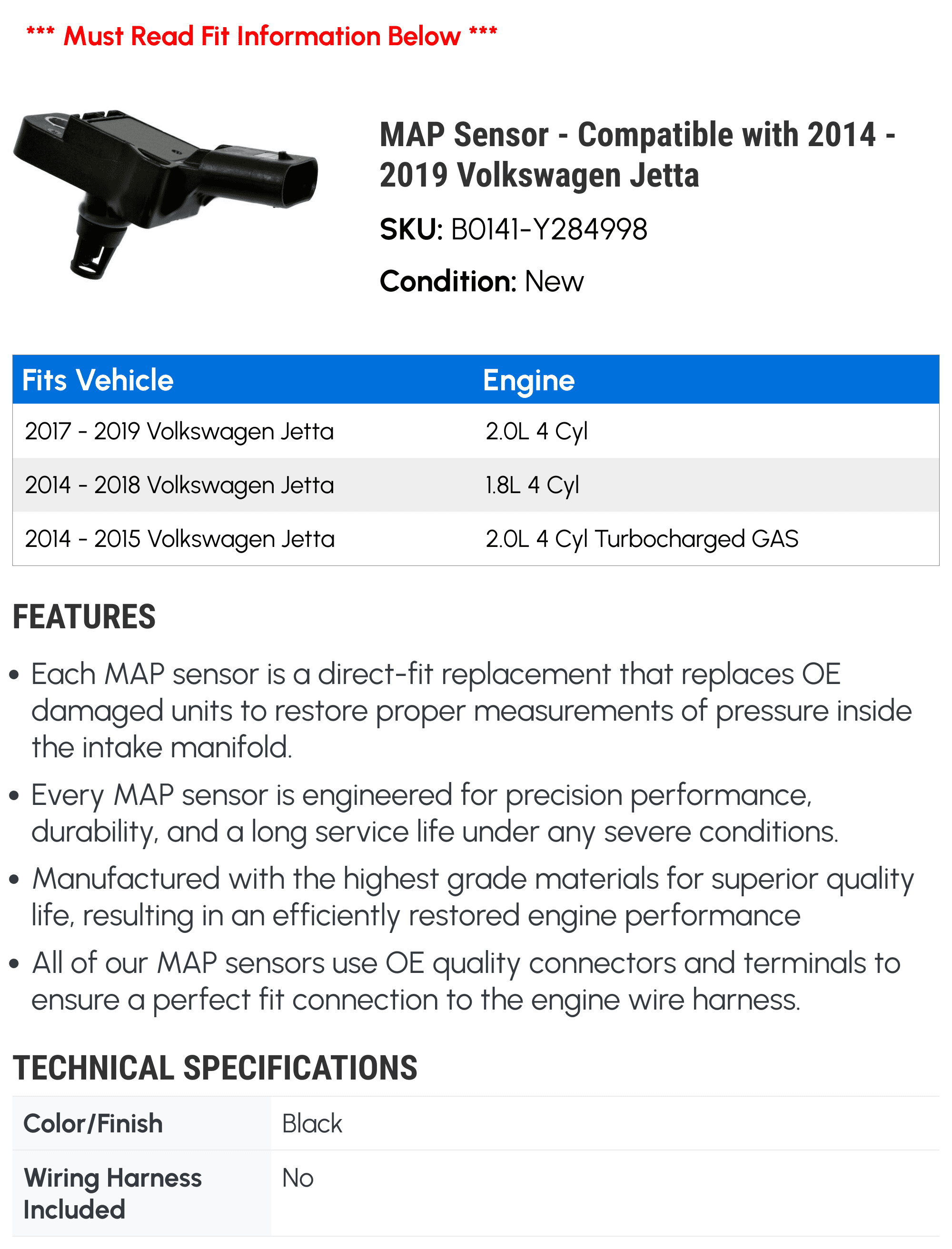 MAP Sensor - Compatible with 2014 - 2019 Volkswagen Jetta 2015 2016 2017 2018