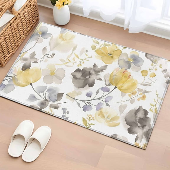 Yellow Grey Botanical Bathroom Mats 2x3 FT, Non Slip Small Kitchen Mat, Spring Floral Watercolor Washable Soft Backed Front Door Throw Rugs Non-Shedding Indoor Outdoor Doormat for Entryway Sink