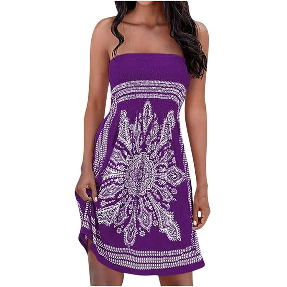 Summer Dresses for Women Beach Cover Ups Strapless Boho Floral Print Sundress Smocked Tube Top Dress
