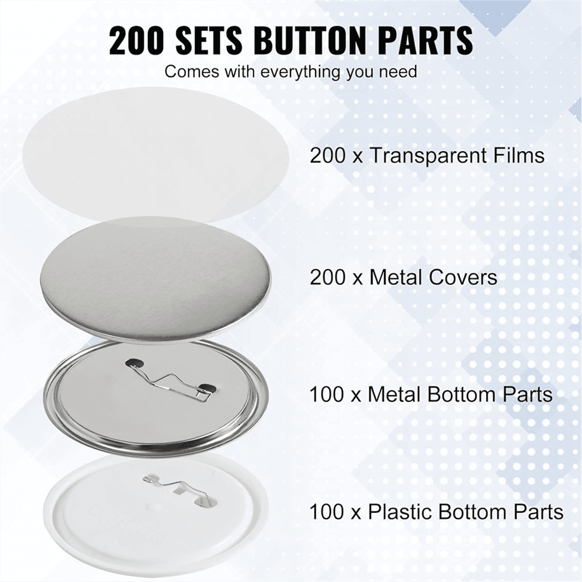 TOP! 200 Sets 3 Inch 75mm Pin Back Button Parts for Maker Machine, DIY Round Badge