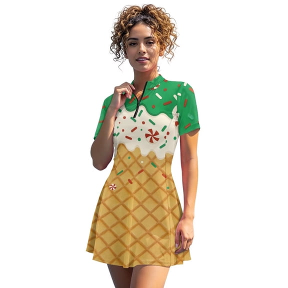 Chririnla Christmas Tennis Golf Dress with Shorts for Women Ice Cream Print Y2K Workout Outfit Sets with Pockets Sleeveless Athletic Sports Gym Exercise Dresses